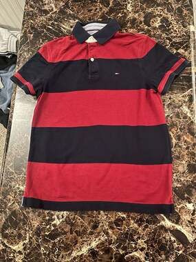 Tommy Hilfiger Men's Red and Navy Blue Striped Short Sleeve Rugby Polo Shirt